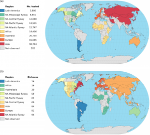 Maps of global sampling effort and observed richness for nine regions.